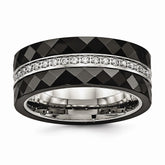 Stainless Steel Wedding Band with Polished Faceted Black Ceramic CZ